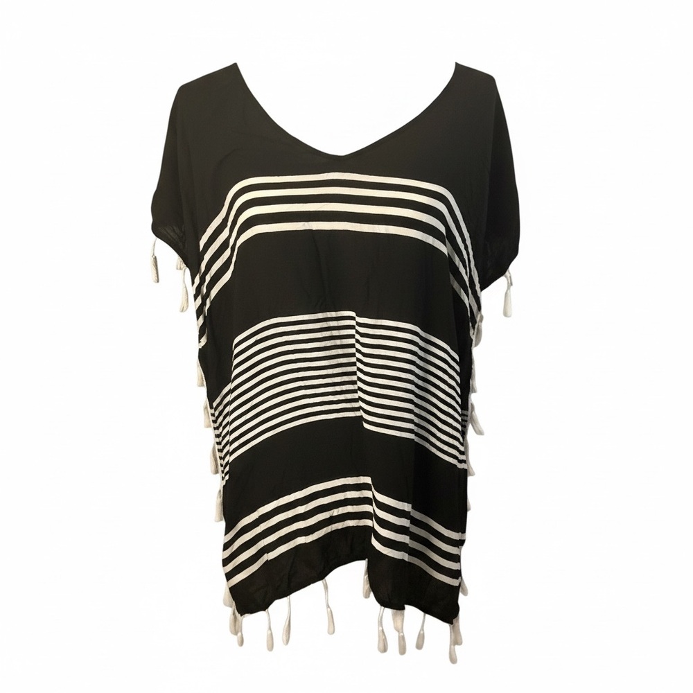 Black White Striped Kaftan Swim Cover Up Tassel Tunic Beach Resort Small - Picture 2 of 10